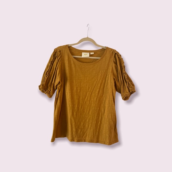Maeve Anthropologie Mustard Gold Yellow Ruffle Sleeve Cotton Tee Size Large - Picture 3 of 4